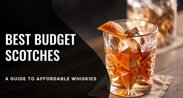 A glass of scotch whiskey in the background and the text