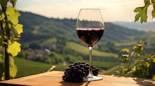 A red wine glass with red grapes on the table in Bolgheri region-Bottle Barn