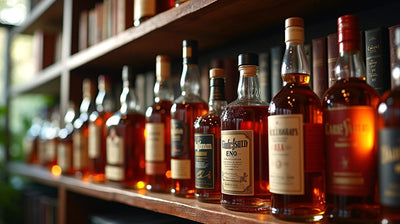 various types of whiskey brand bottles in the wooden cabinet-Bottle Barn