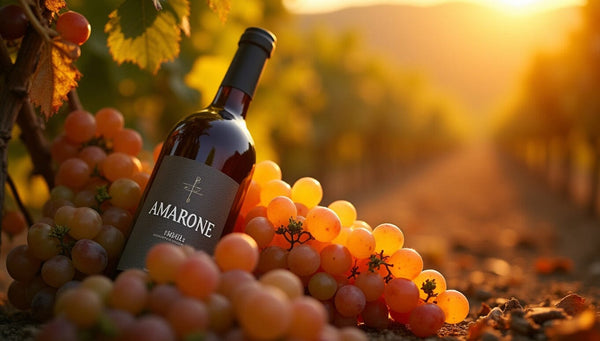 Amarone wine bottle in a vineyard with some grapes on the earth-Bottle Barn