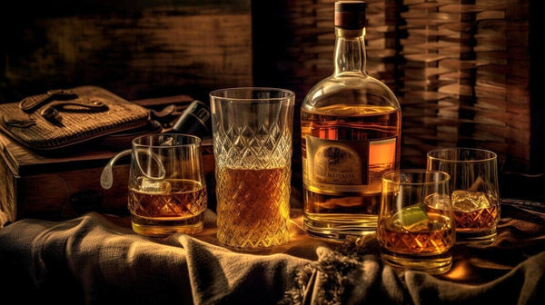 A bottle of whiskey and glasses on a table with a bag of whiskey on the table-Bottle Barn